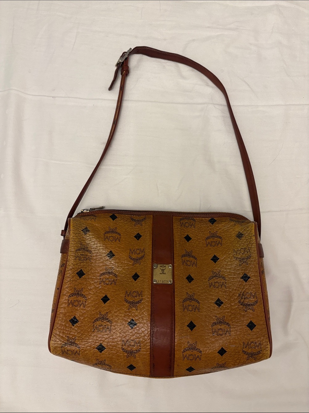 MCM Vintage Visetos Cognac and Dark Brown Shoulder Bag